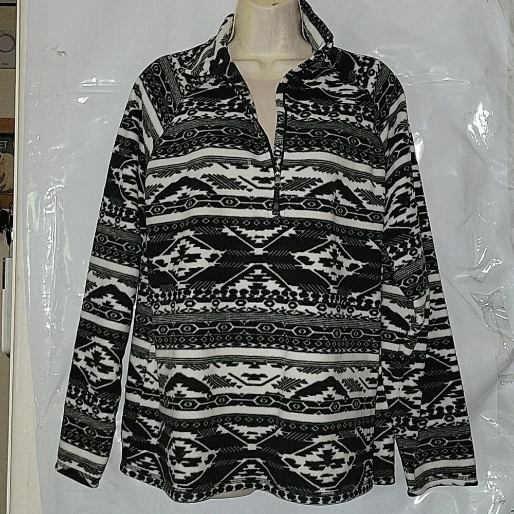 EDDIE BAUER Fleece Pullover‎ Aztec Print Quarter Zip Cozy Comfy  Black Gray XXL